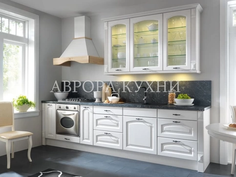 Прямой белый кухонный гарнитур с витражами "Антарес арт.1" МДФ матовый