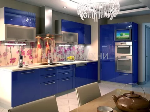 Синяя угловая кухня с пеналом "Антарес арт.2" МДФ глянец