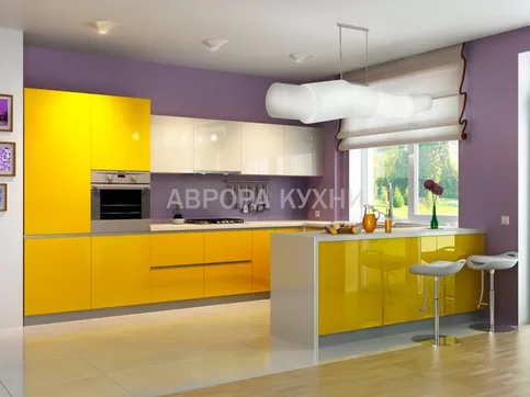 Желтая кухня "Мечта арт.40" с барной стойкой эмаль глянец