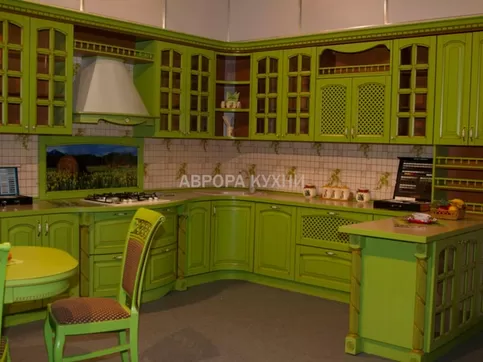 Угловая кухня зеленого цвета "Лотос арт.34" мдф