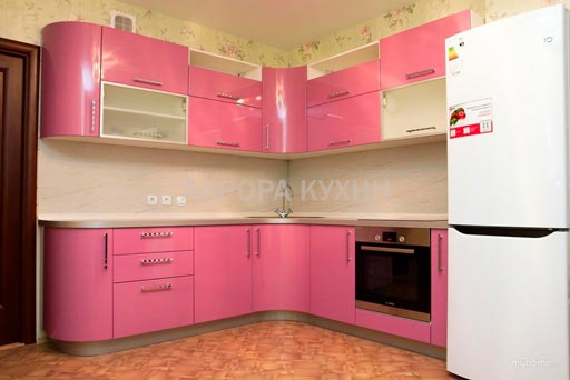 Угловая кухня розового цвета "Коралл арт.41" мдф глянец
